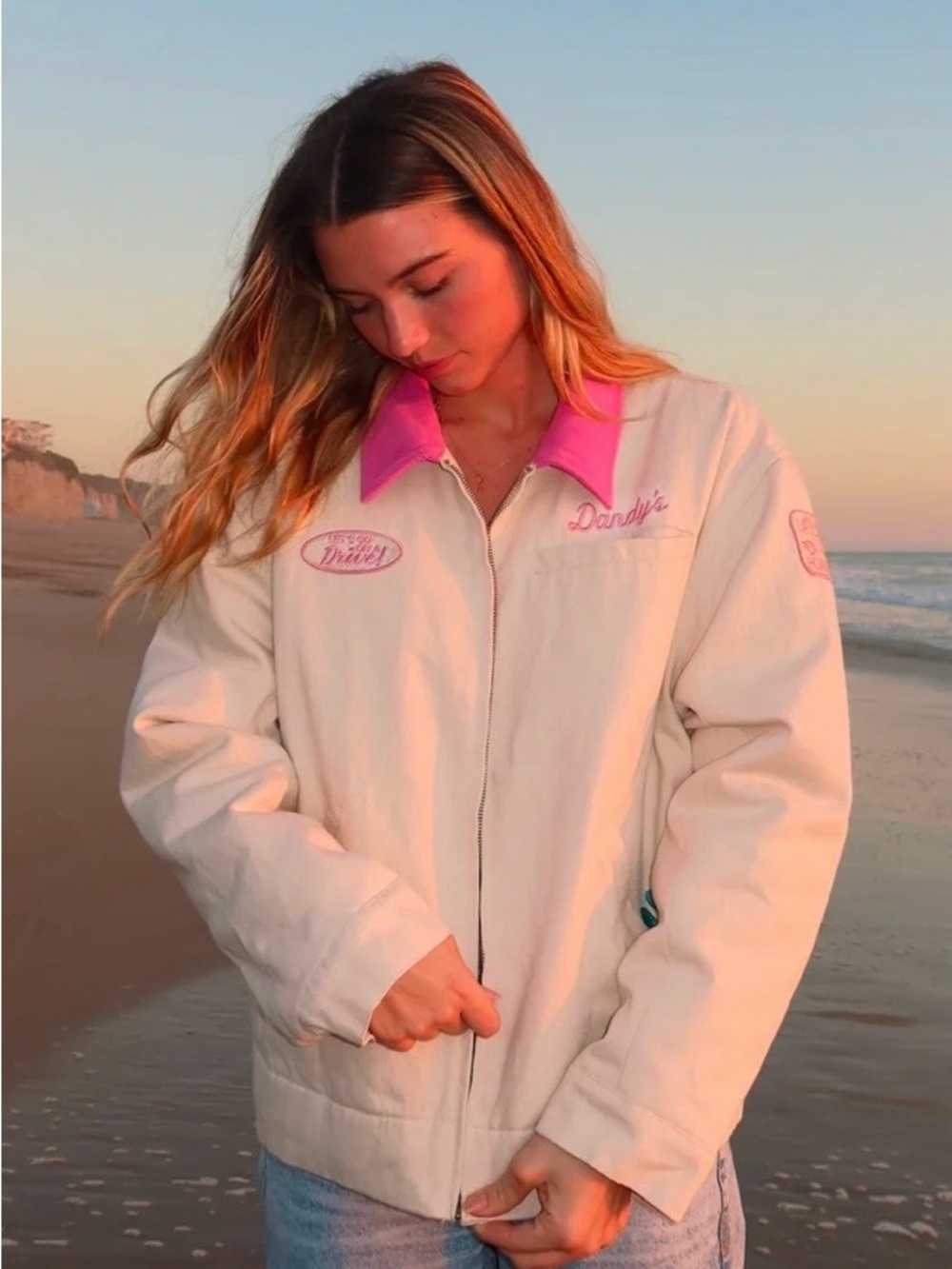 Cream Bomber Jacket with Pink Collar